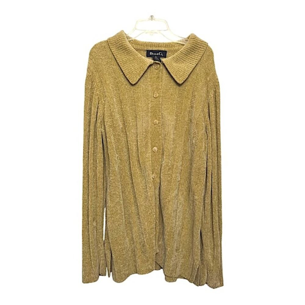 Vintage Y2K Denim & Co Chenille Knit Collared Button-up Tan Neutral Cardigan M